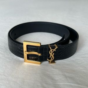 SAINT LAURENT Cassandre YSL logo belt in shiny crocodile embossed leather